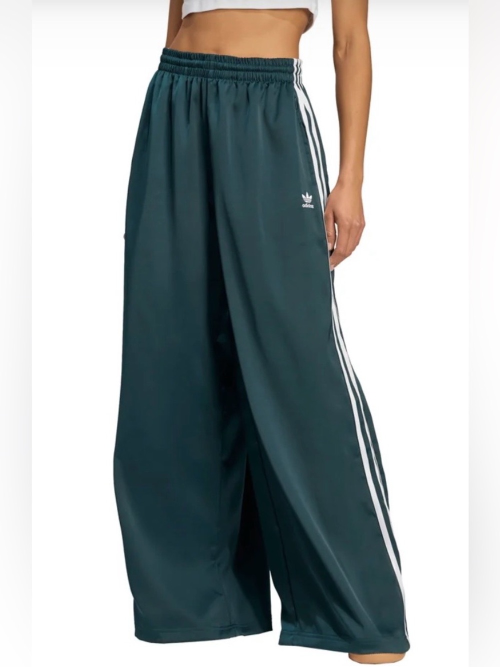adidas Women's Wide-Leg SatinTrack Pant- forest green, size 2